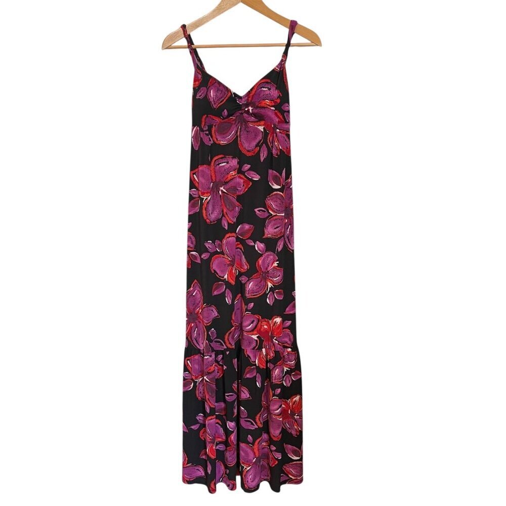 Allen B Women Maxi Dress Size XS Black Floral Twist Strap Tropical Boho Resort